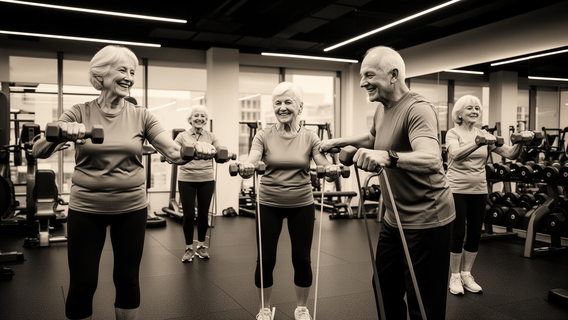 Senior fitness class members training together
